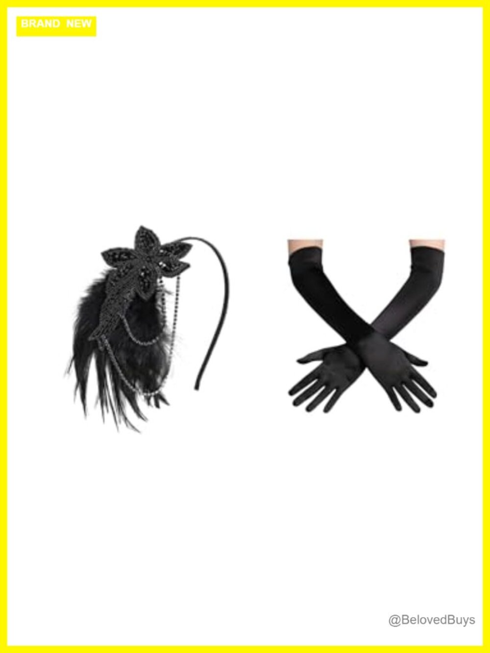 1920s Flapper Feather Beaded Headband & Satin Opera Gloves Set